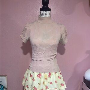 Pink Puff Sleeve Ribbed Blouse with Mandarin Collar